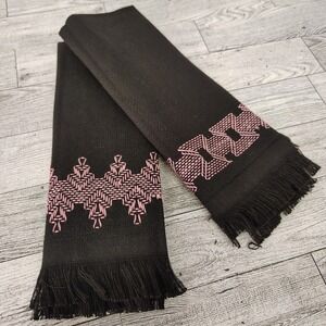 Handmade Tea Towel Set Black Pink Geometric Pattern MCM Embroidered Fringe Decor